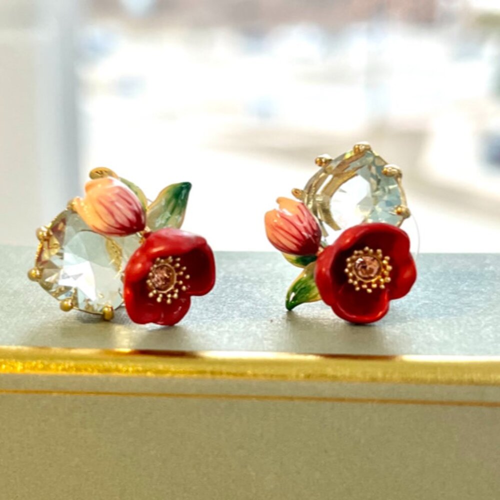 Red Hellebore flower and faceted stone earrings